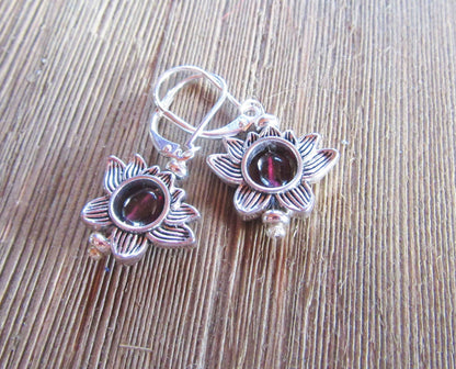 Lotus Flower Zen Jewelry set  - Silver Lotus Earrings, Garnet Stone Pendant, Turquoise Silver Lotus Charm, Dainty Necklace, Calming Jewelry