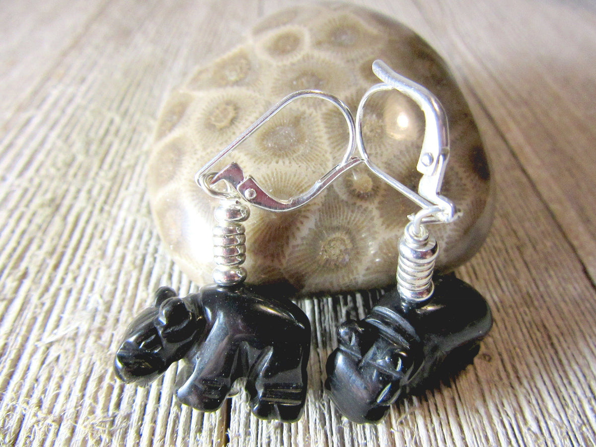 Hippo gift, hippopotamus earrings made from black onyx stone with intricate detail, perfect for animal lovers and a unique accessory.
