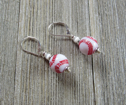 Baseball novelty earrings - sport gift, sport ball jewelry, featuring a sterling silver lever back design, ideal for baseball fans.