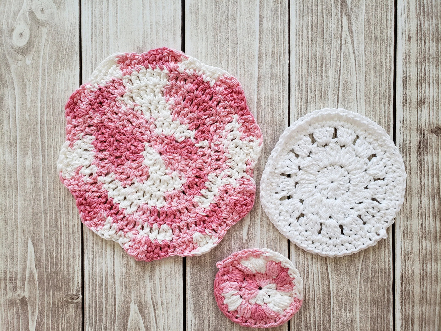 Pink White Cotton Crocheted Washcloth Set