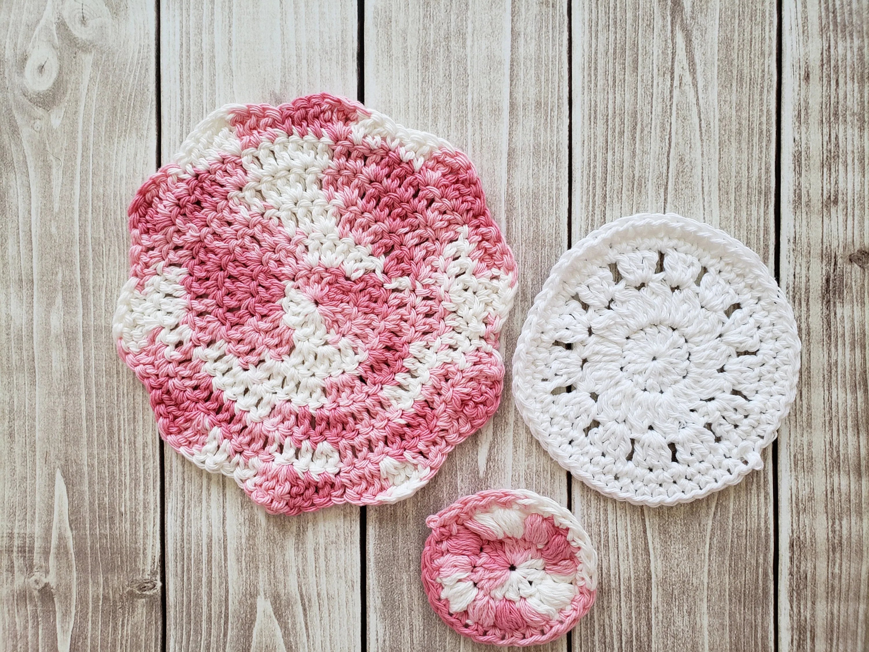 Pink White Cotton Crocheted Washcloth Set