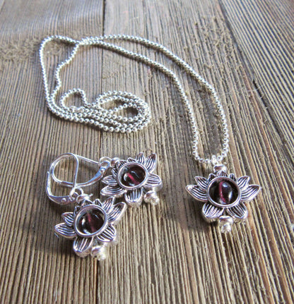 Lotus Flower Zen Jewelry set  - Silver Lotus Earrings, Garnet Stone Pendant, Turquoise Silver Lotus Charm, Dainty Necklace, Calming Jewelry