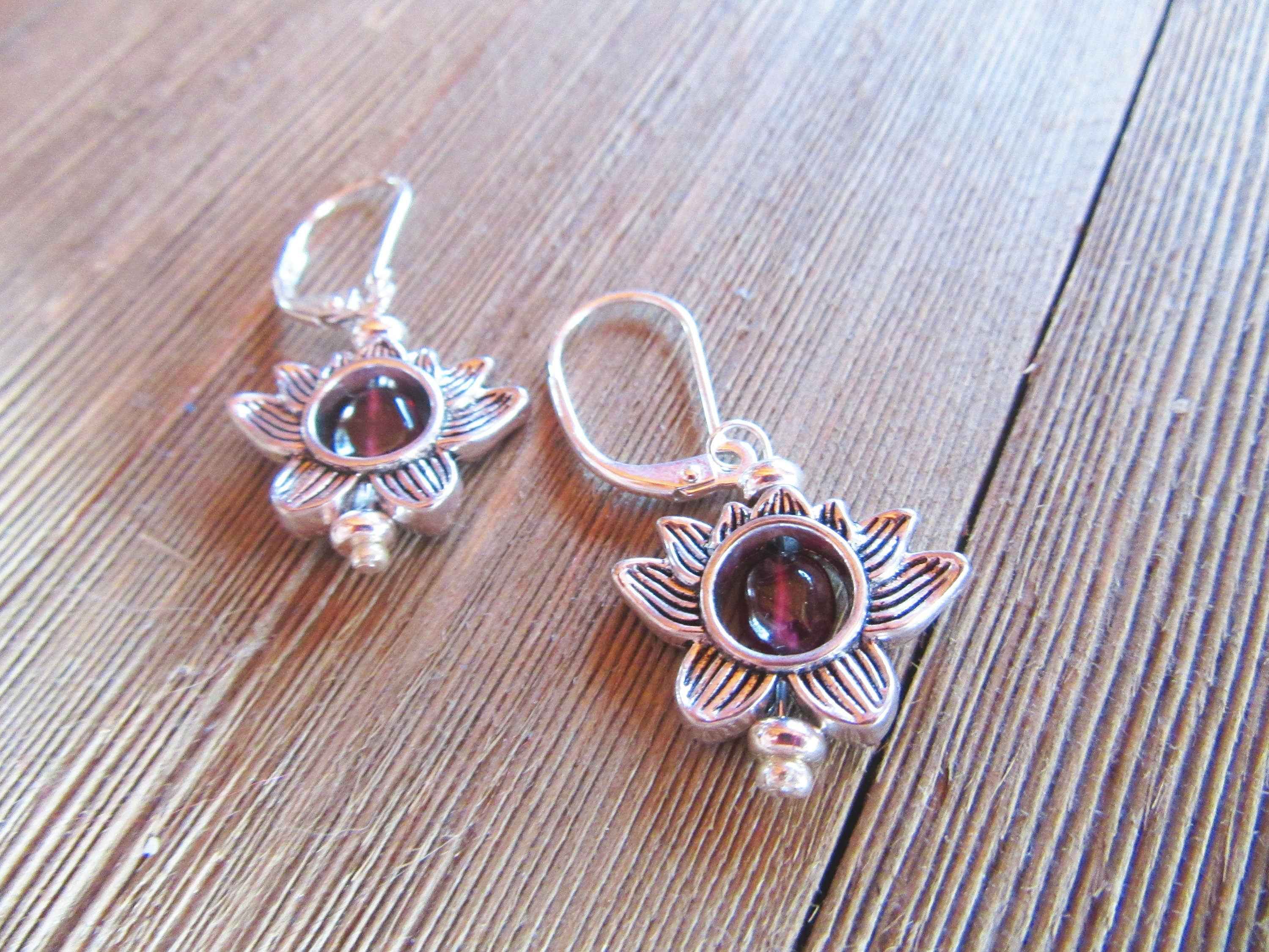 Lotus Flower Zen Jewelry set  - Silver Lotus Earrings, Garnet Stone Pendant, Turquoise Silver Lotus Charm, Dainty Necklace, Calming Jewelry