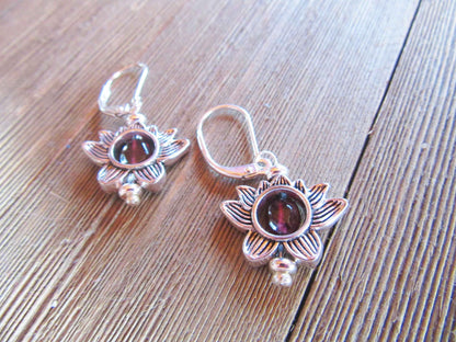 Lotus Flower Zen Jewelry set  - Silver Lotus Earrings, Garnet Stone Pendant, Turquoise Silver Lotus Charm, Dainty Necklace, Calming Jewelry
