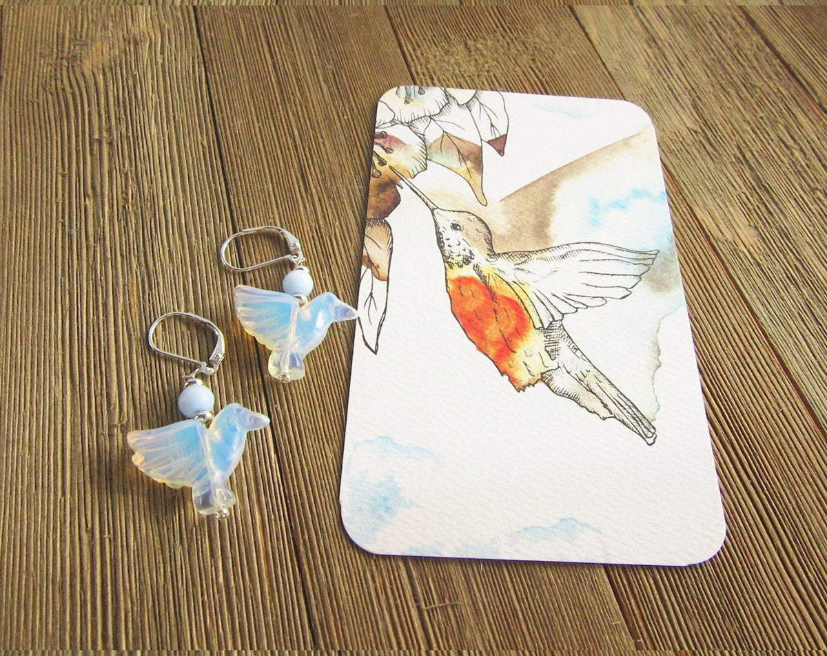 Hummingbird lover earrings made of sodalite and opalite, a perfect gift for bird lovers.