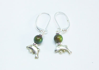 Close-up of Small Silver Animal theme Earrings with color-changing mood bead and dolphin design - Ideal gift for ocean lovers.