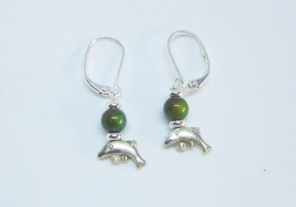 Small Silver Animal theme Earrings featuring dolphins with mood bead topper - Color change dolphin jewelry, perfect ocean lover gift.