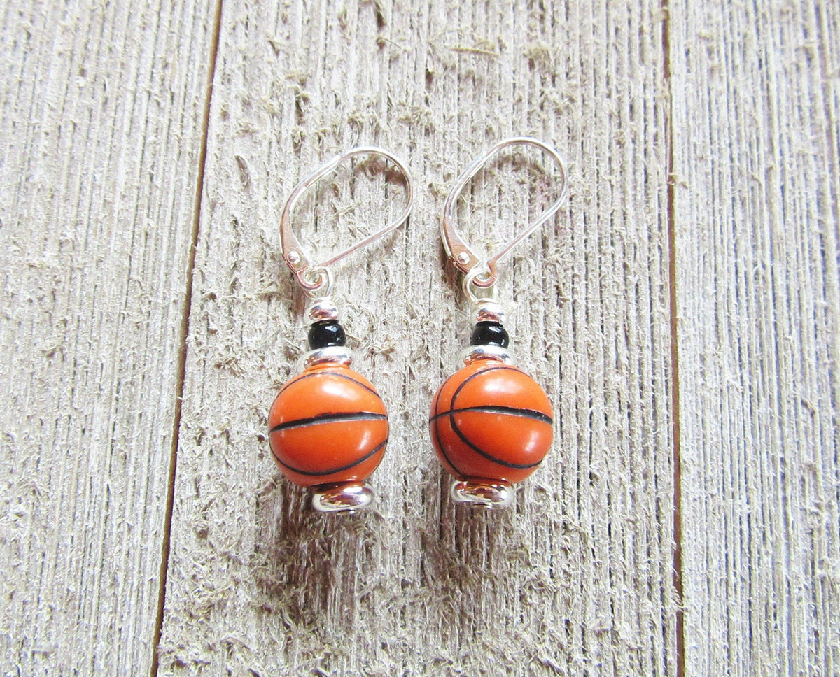 Basketball novelty earrings close-up showing details of Sports Girl Earrings, a perfect gift for basketball fans and coaches.