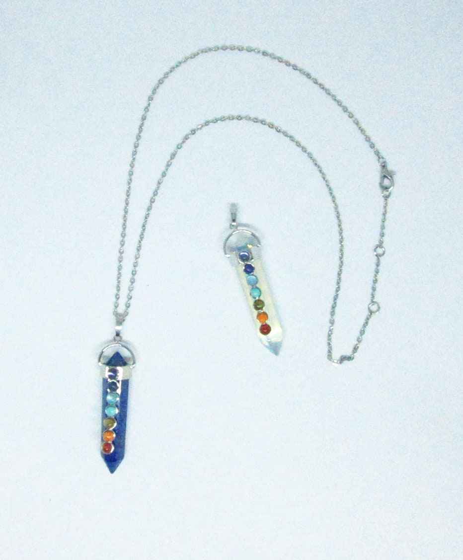 Chakra Stones Pendant Set - Handcrafted 7 Chakra Rose Quartz &amp; Moonstone Wand Necklace with Opalite Earrings