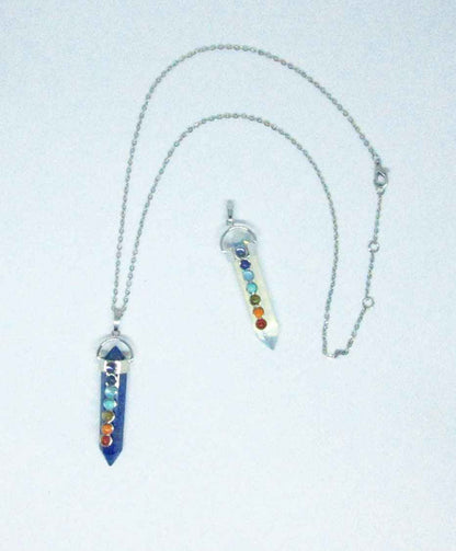 Chakra Stones Pendant Set - Handcrafted 7 Chakra Rose Quartz &amp; Moonstone Wand Necklace with Opalite Earrings