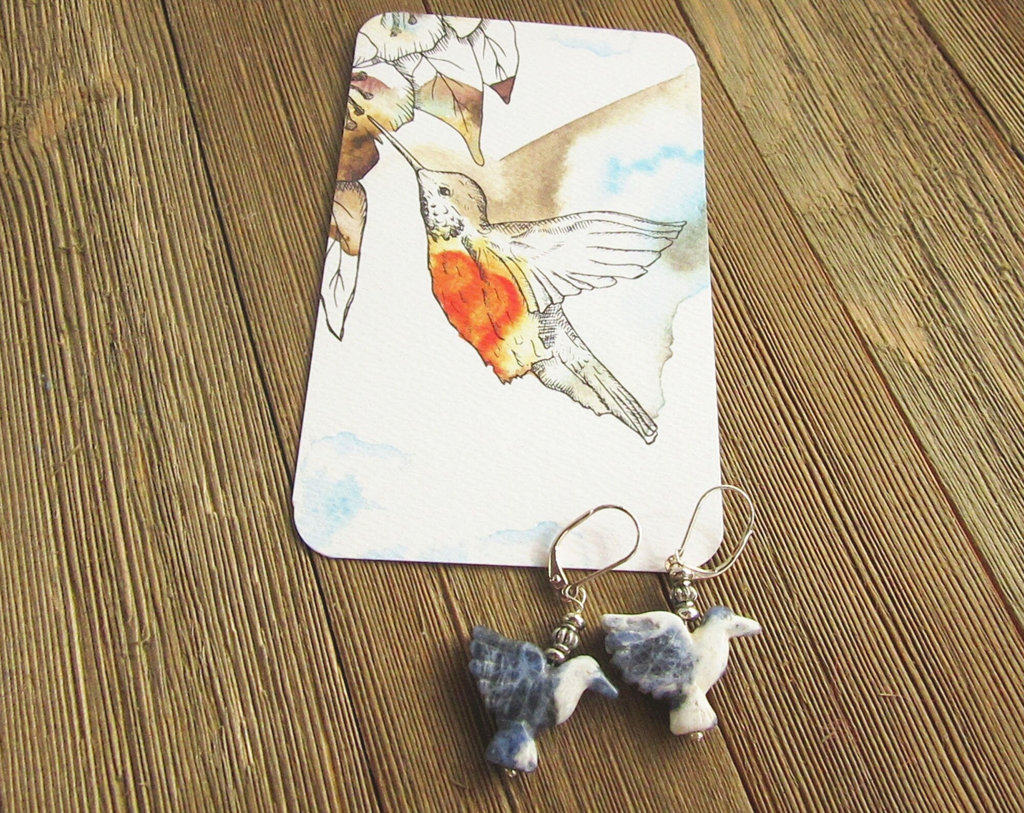 Handmade sodalite earrings with a delicate hummingbird design, ideal for mothers and bird enthusiasts.