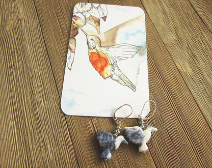 Handmade sodalite earrings with a delicate hummingbird design, ideal for mothers and bird enthusiasts.