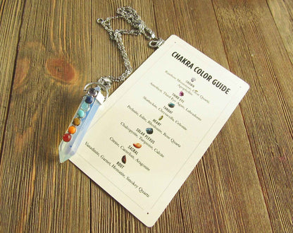 Chakra Stones Pendant Set - Handcrafted 7 Chakra Rose Quartz &amp; Moonstone Wand Necklace with Opalite Earrings