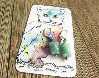 Woodland Earrings, Carved Stone Owl Earrings detailed with natural stone, perfect gift for owl lovers and bird enthusiasts.