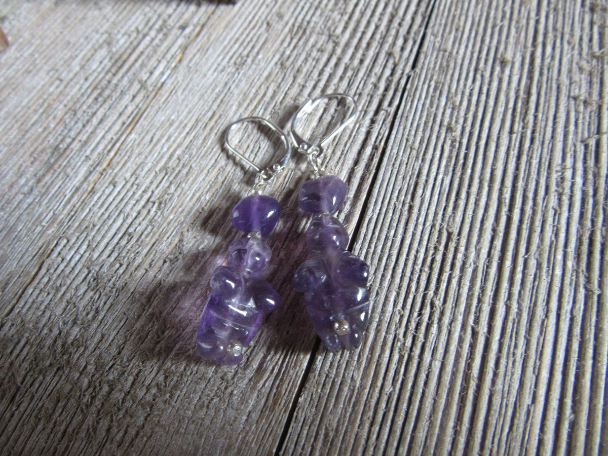 Purple Stone Venus earrings featuring a Goddess of Willendorf figure, handcrafted jewelry gift for women in a zen aesthetic style.