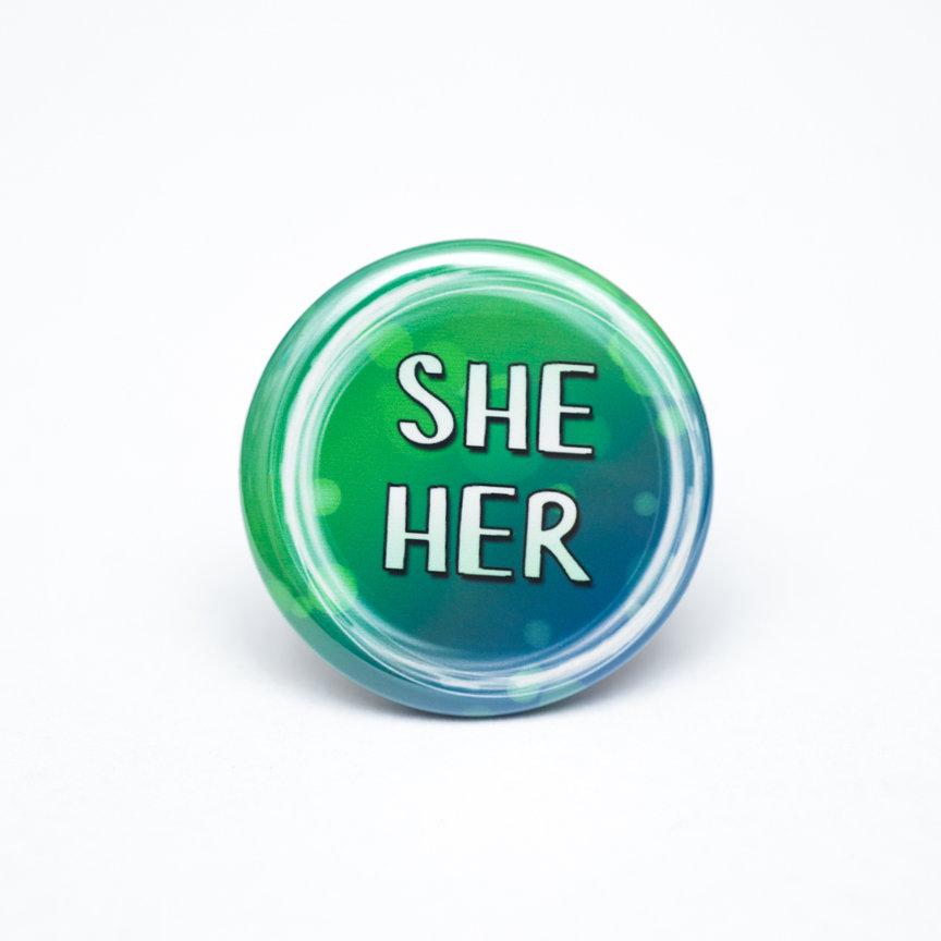 lgbtq she her pronoun buttons