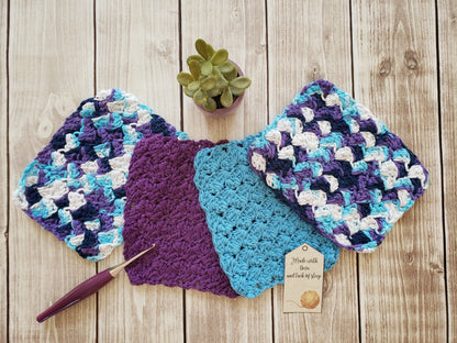 Blue Purple Cotton Crocheted Washcloth Set -Square Kitchen Dish Cloths - Make Up Remover