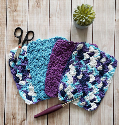 Blue Purple Cotton Crocheted Washcloth Set -Square Kitchen Dish Cloths - Make Up Remover