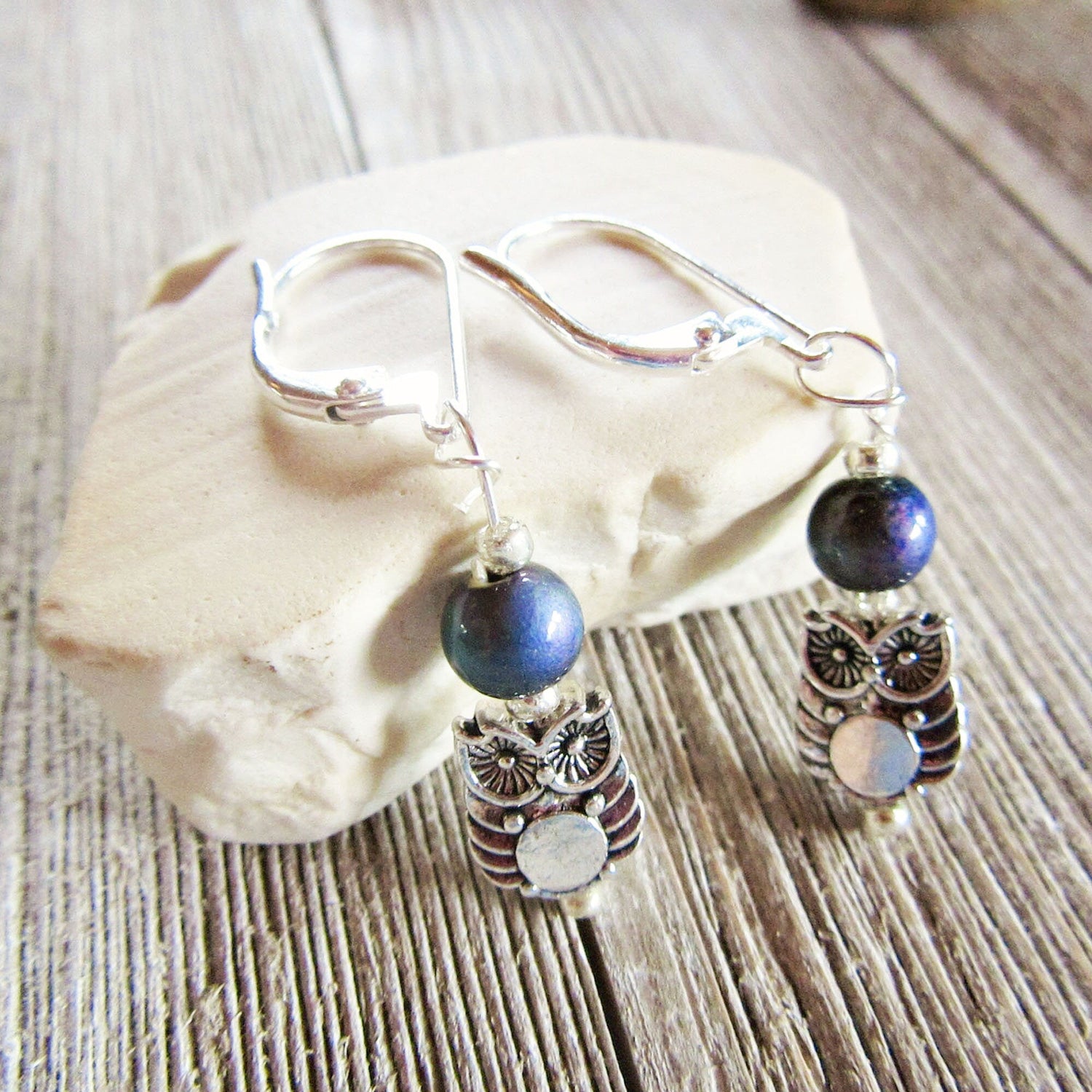 Handcrafted Woodland Owl Earrings with sterling silver lever backs, great gift for bird lovers and animal enthusiasts.