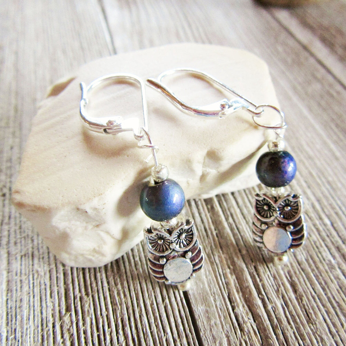 Handcrafted Woodland Owl Earrings with sterling silver lever backs, great gift for bird lovers and animal enthusiasts.