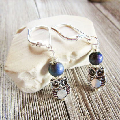 Handcrafted Woodland Owl Earrings with sterling silver lever backs, great gift for bird lovers and animal enthusiasts.