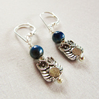 Color changing mood bead jewelry Woodland Owl Earrings, perfect nature lover gift featuring intricate design with sterling silver lever backs.