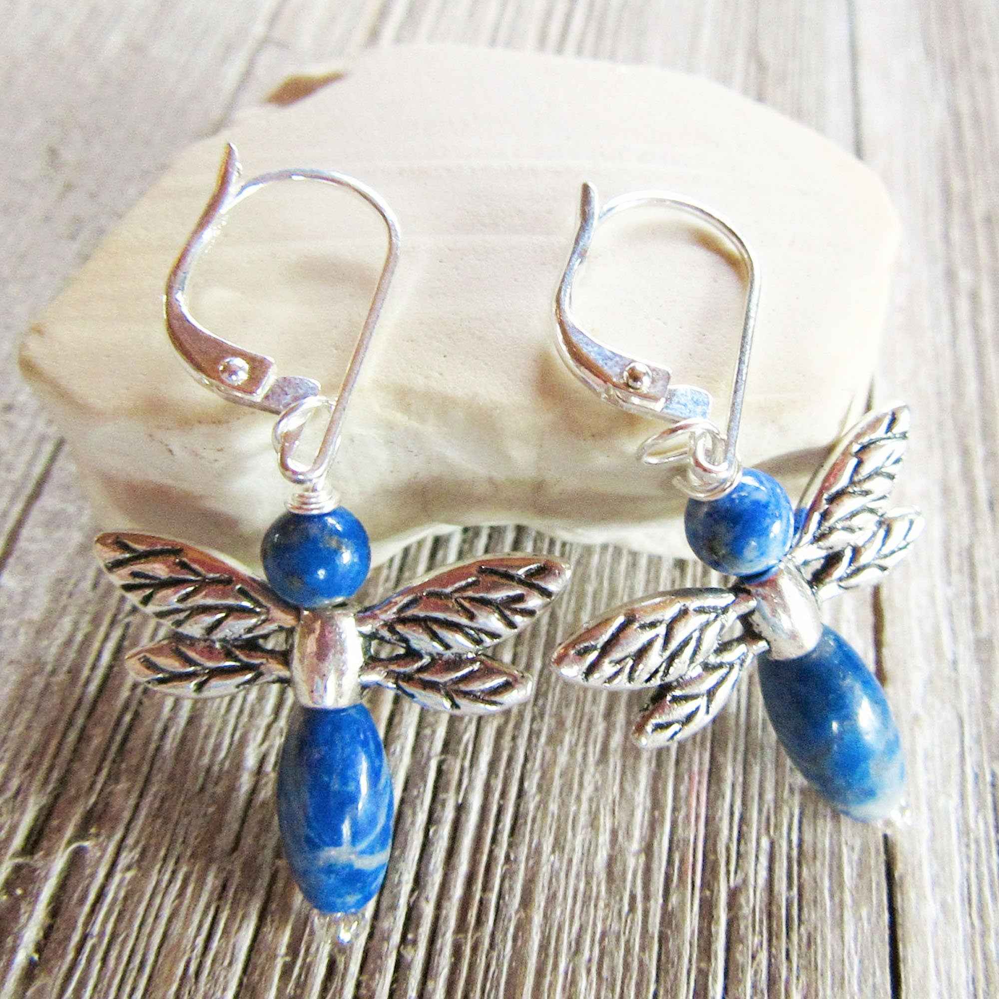 Woodland Inspired Jewelry - Unique Sodalite Dragonfly Earrings - Carved Stone and Sterling Silver