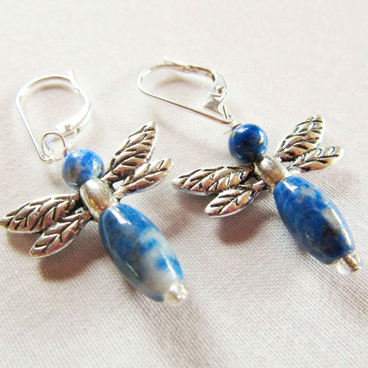 Woodland Inspired Jewelry - Unique Sodalite Dragonfly Earrings - Carved Stone and Sterling Silver