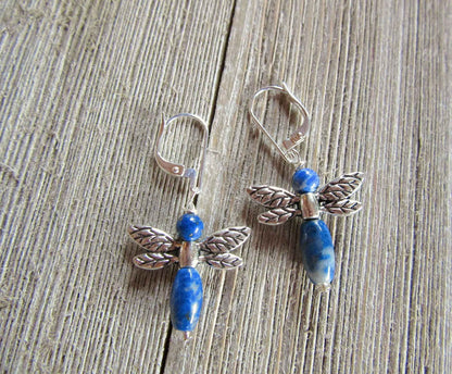 Woodland Inspired Jewelry - Unique Sodalite Dragonfly Earrings - Carved Stone and Sterling Silver