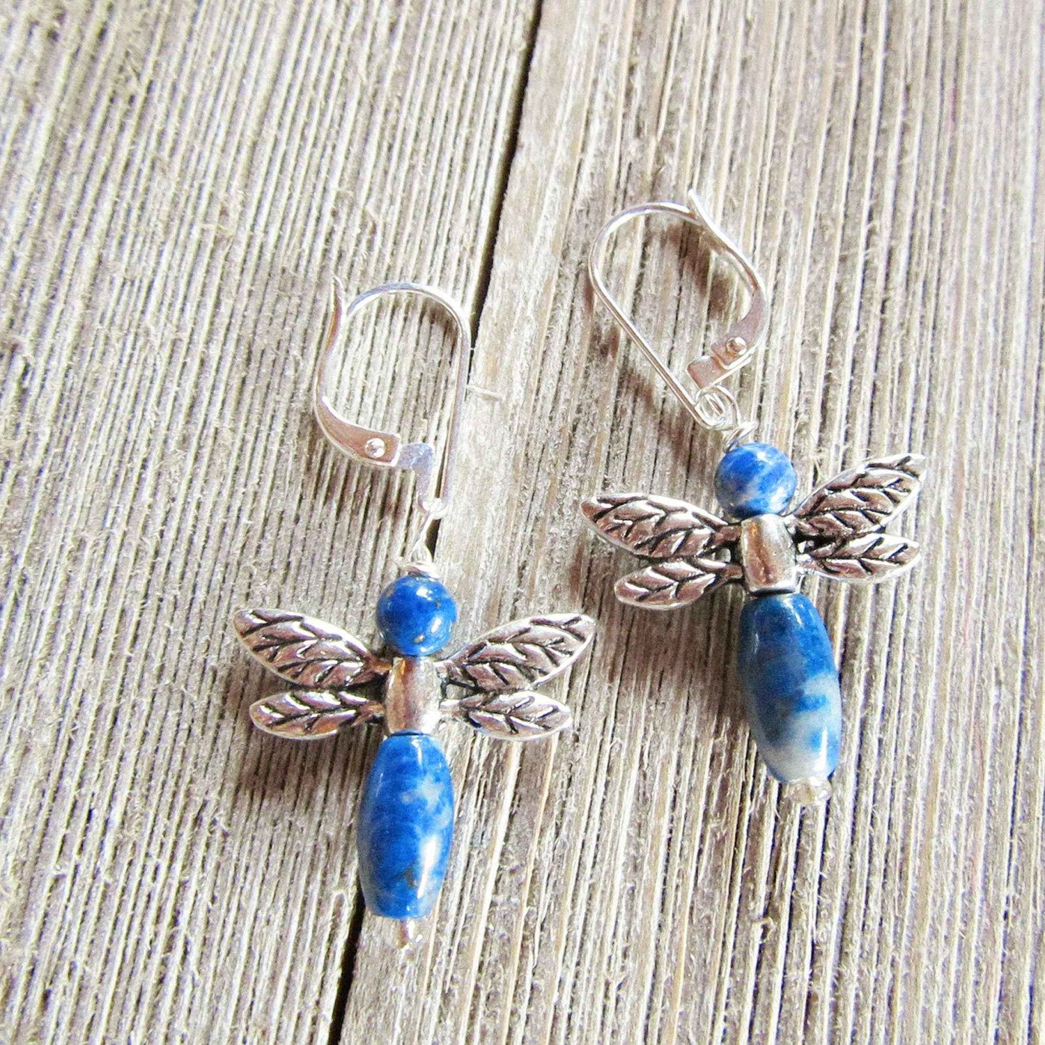Woodland Inspired Jewelry - Unique Sodalite Dragonfly Earrings - Carved Stone and Sterling Silver