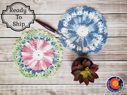 Blue Pink Green Cotton Crocheted Dishcloth Set