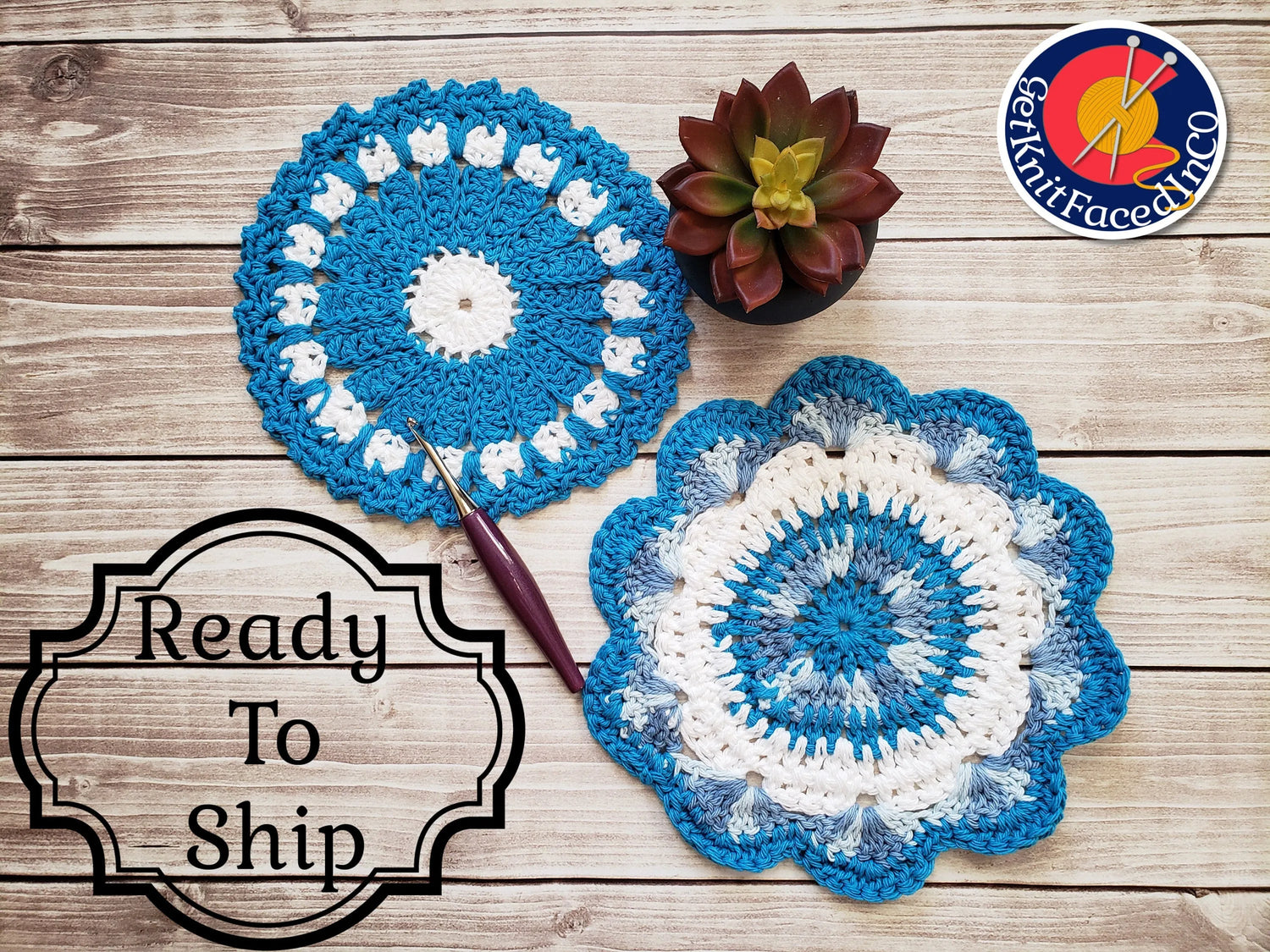 Blue Cotton Crocheted Dishcloth Set - Flower Design Dish Cloth - Round Kitchen Wash Cloths