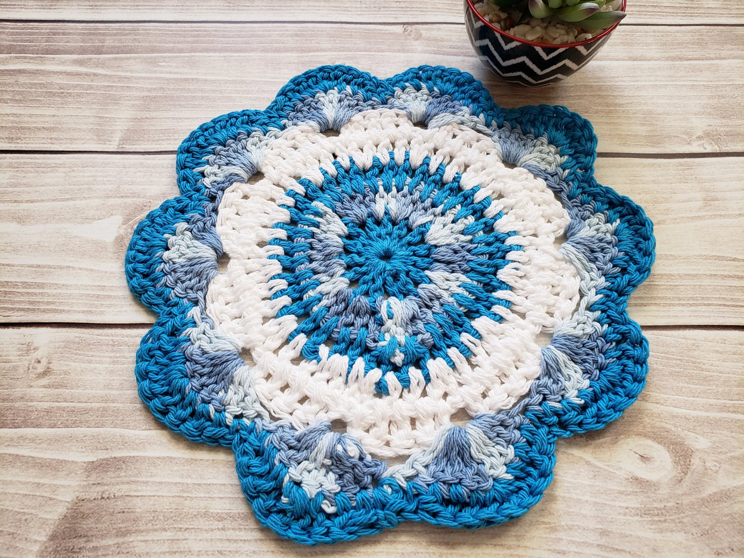 Blue Cotton Crocheted Dishcloth Set - Flower Design Dish Cloth - Round Kitchen Wash Cloths