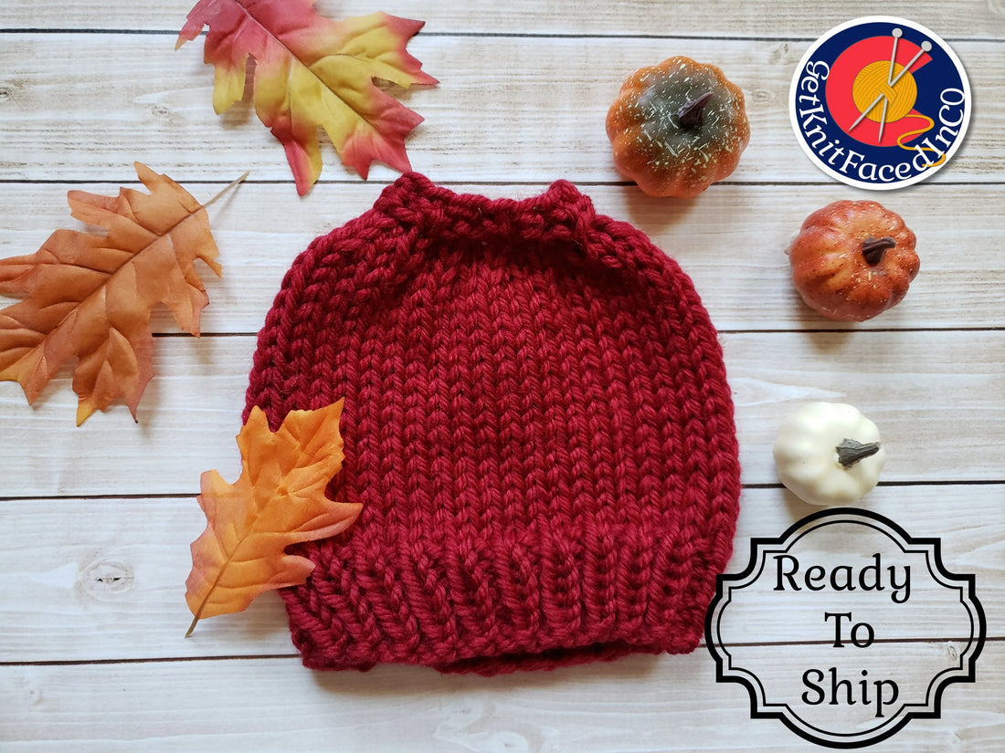 Red Chunky Hand Knit Messy Bun Hat