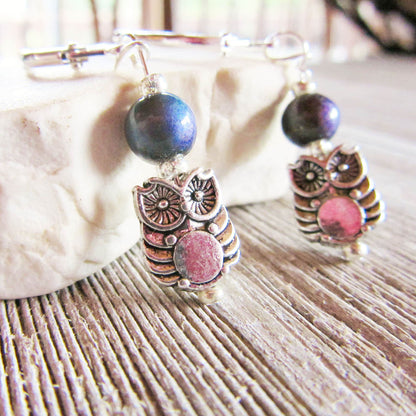 Woodland Owl Earrings featuring colorful art glass owls, perfect gift for wildlife animal enthusiasts and birders.