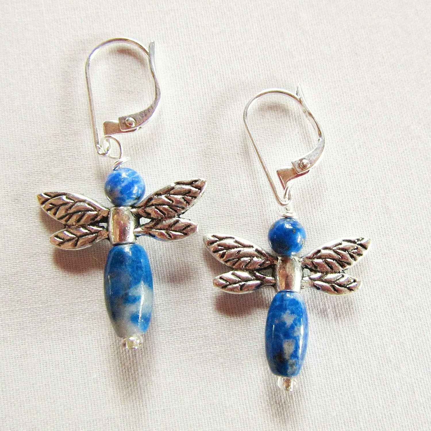 Woodland Inspired Jewelry - Unique Sodalite Dragonfly Earrings - Carved Stone and Sterling Silver