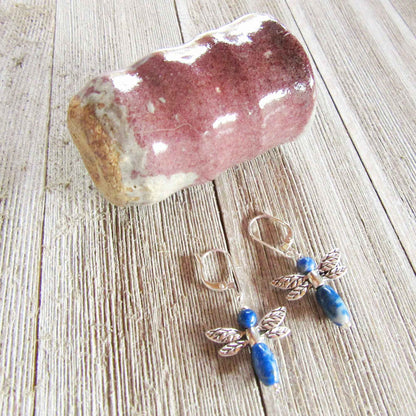 Woodland Inspired Jewelry - Unique Sodalite Dragonfly Earrings - Carved Stone and Sterling Silver