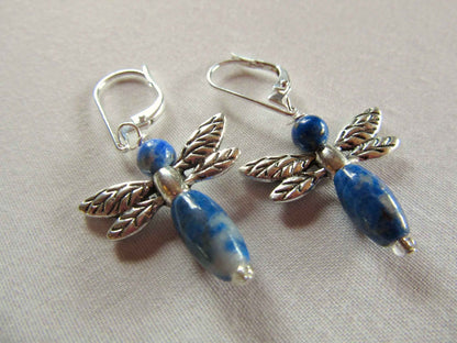 Woodland Inspired Jewelry - Unique Sodalite Dragonfly Earrings - Carved Stone and Sterling Silver