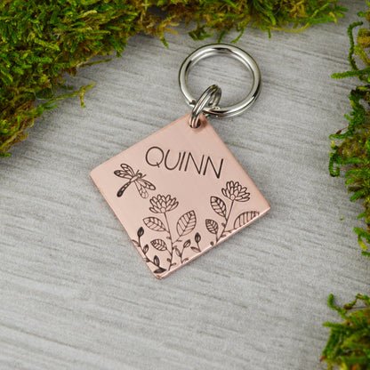 Floral Dragonfly Handstamped Square Pet ID Tag 