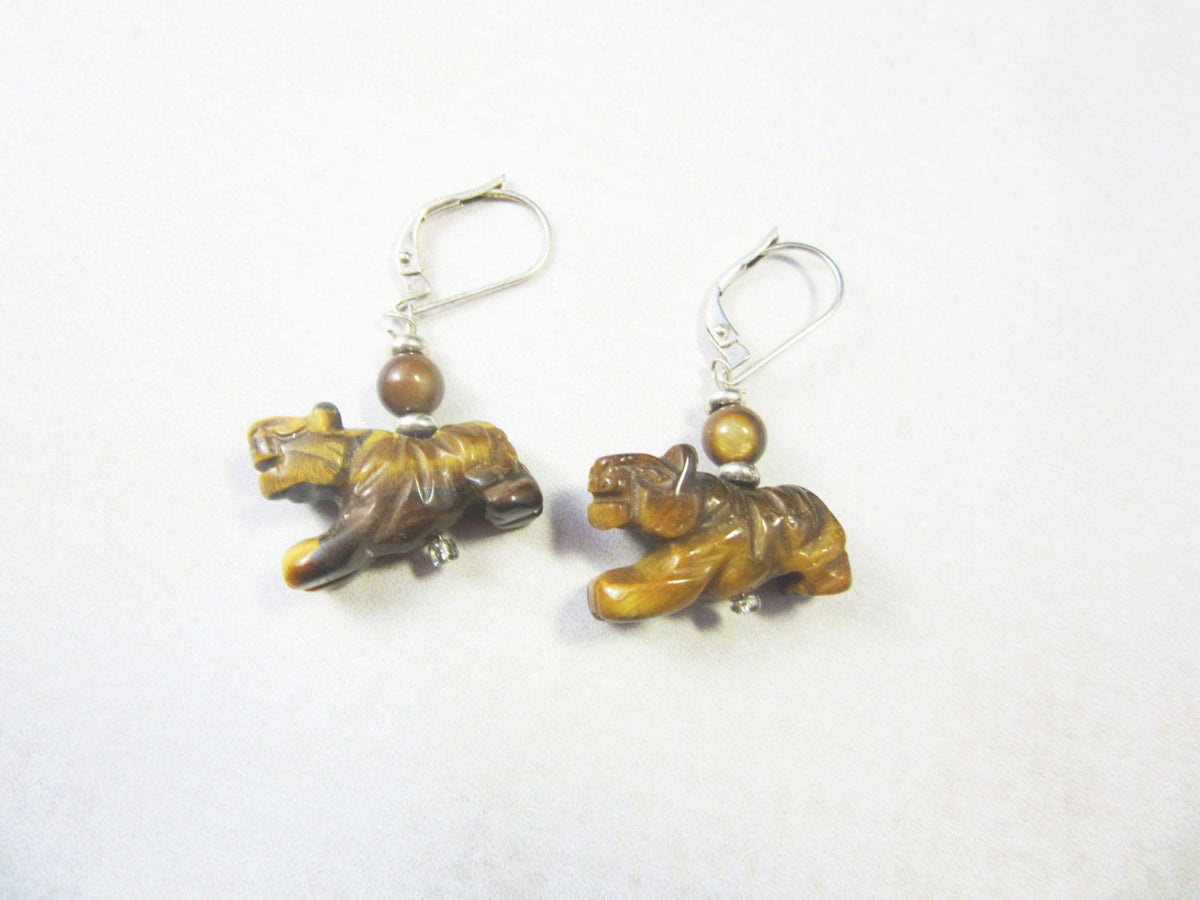 Tiger Eye Stone Earrings on display, handcrafted with intricate details, ideal power animal gift for tiger enthusiasts.