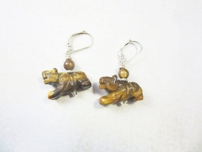 Tiger Eye Stone Earrings on display, handcrafted with intricate details, ideal power animal gift for tiger enthusiasts.