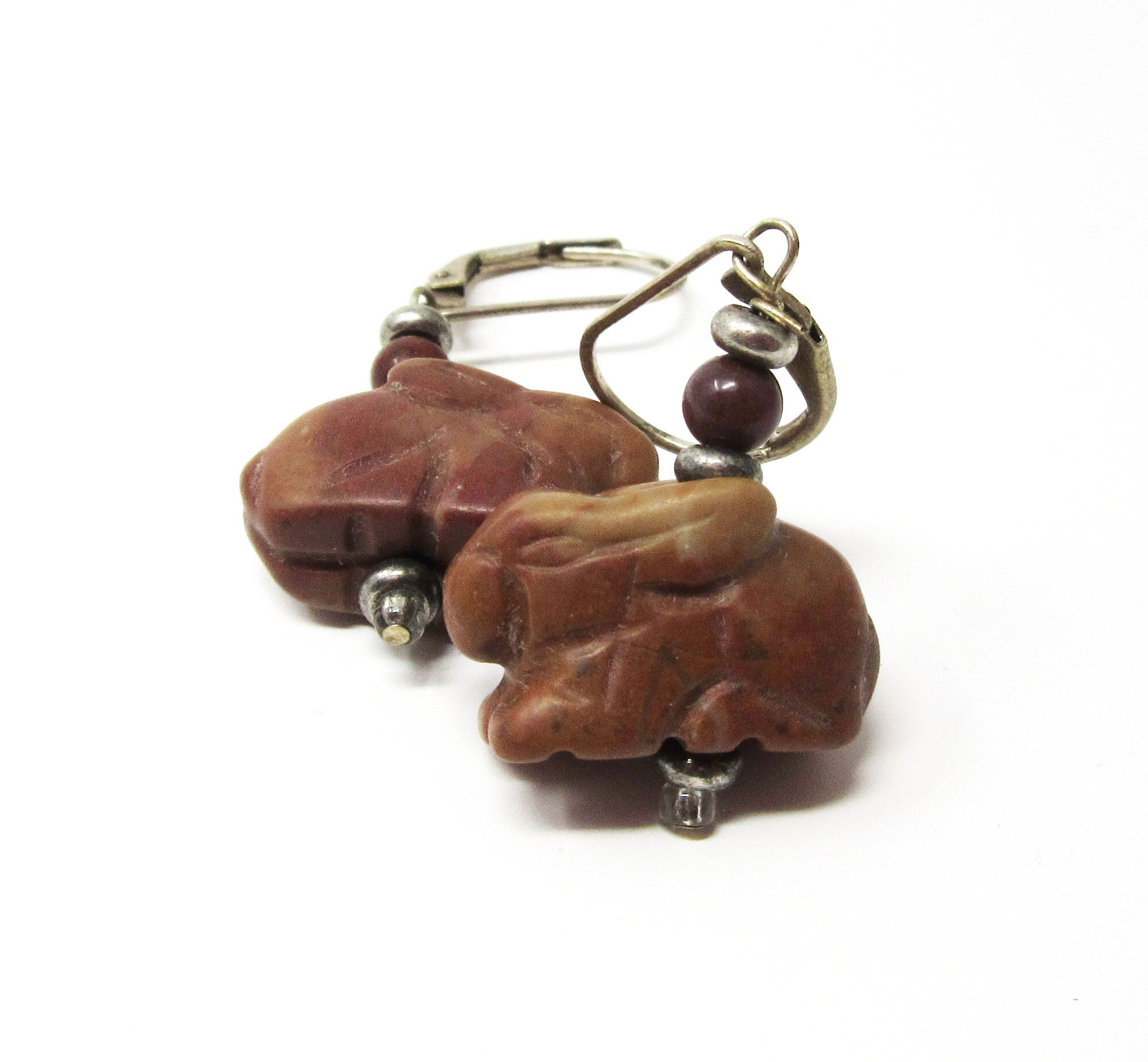 RABBIT EARRINGS - Unique carved stone bunny earrings with lever back wires, ideal as a thoughtful gift for Easter or any occasion.