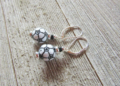 Close-up of Soccer Ball Earrings featuring a back lever design - Sports Theme Jewelry - Novelty Women Accessories from Enlivenadorn by Gwynstone.