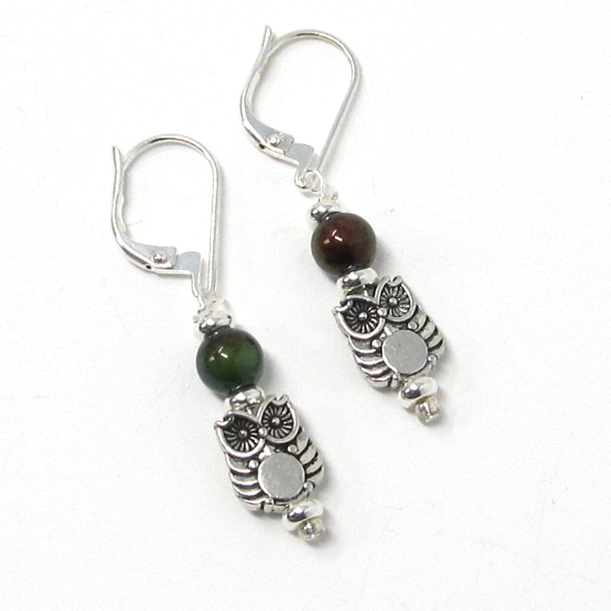 Woodland Owl Earrings gift for wildlife animal enthusiast or birder, showcasing colorful art glass owls beneath full moons.