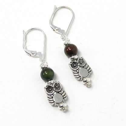 Woodland Owl Earrings gift for wildlife animal enthusiast or birder, showcasing colorful art glass owls beneath full moons.
