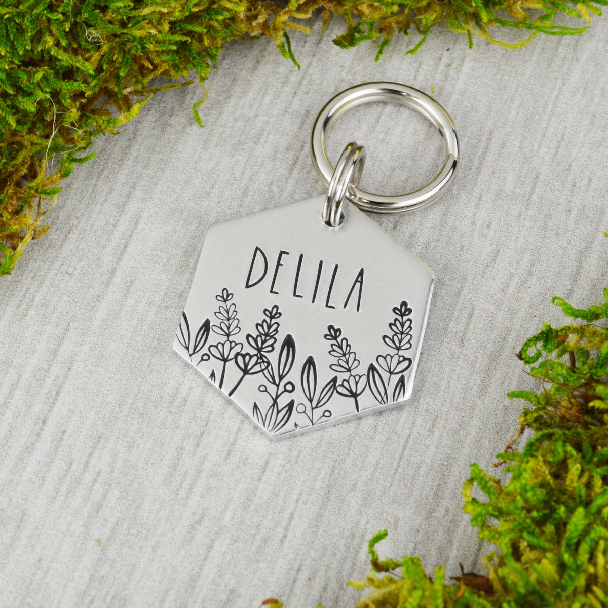 Summer Lavender Handstamped Hexagon Pet ID Tag 
