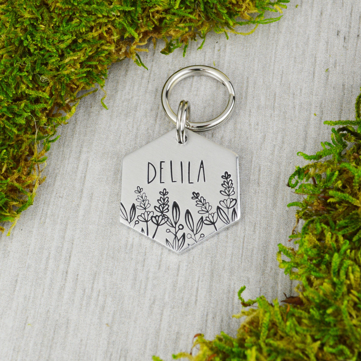 Summer Lavender Handstamped Hexagon Pet ID Tag 