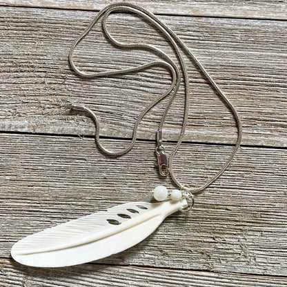 White Feather Necklace, Angel Sign White Feather Pendant featuring carved bone and mother of pearl, ideal for feminine gifts.