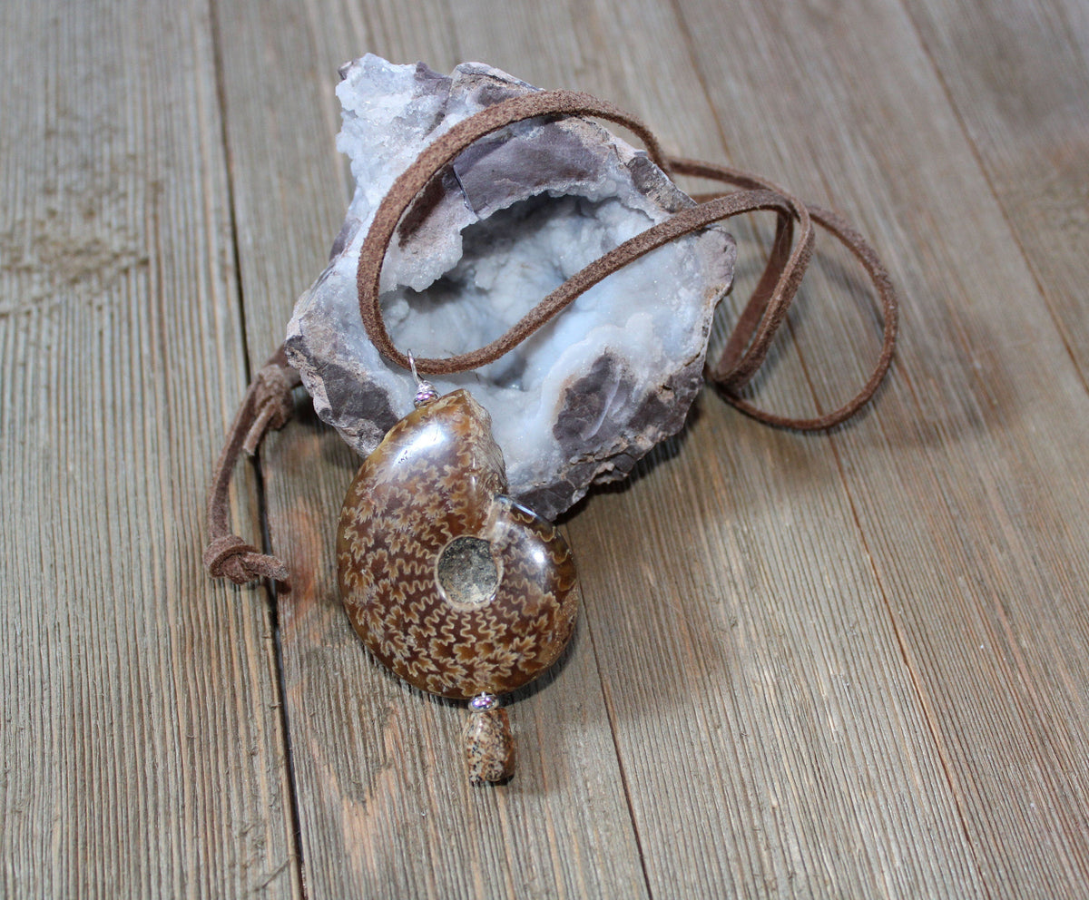 Customizable ammonite fossil partner jewelry, smaller necklace with faceted jasper and sterling silver details.