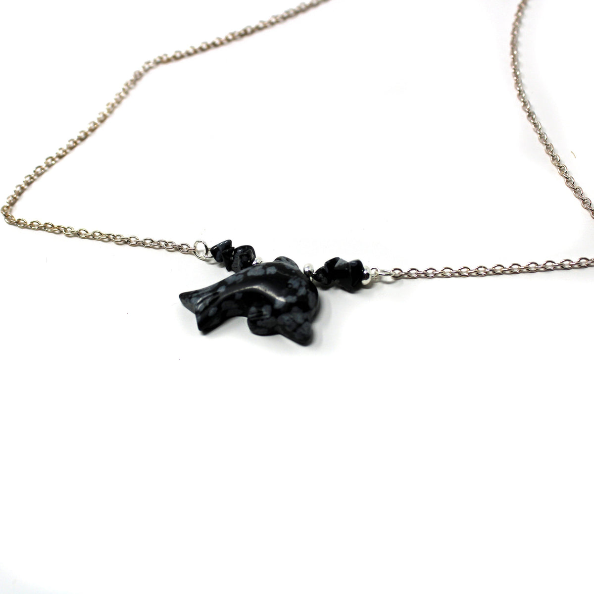 Snowflake obsidian dolphin choker - beautiful sea life necklace gift for women and dolphin lovers.